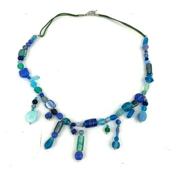 Frosted Blue Glass Boho Style Beaded Necklace 25" Shades Dangle Frosted Beads - Picture 7 of 10